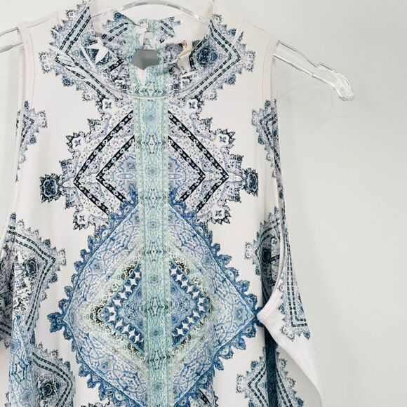 Altar'd State Size Medium Blue & White Boho Jersey Knit Mock Neck Dress - Picture 4 of 9